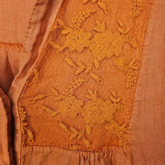 ROMEO GIULIA 100% Linen Top Lagenlook Button Down VNeck 3/4 Sleeve Orange Medium - Picture 3 of 7